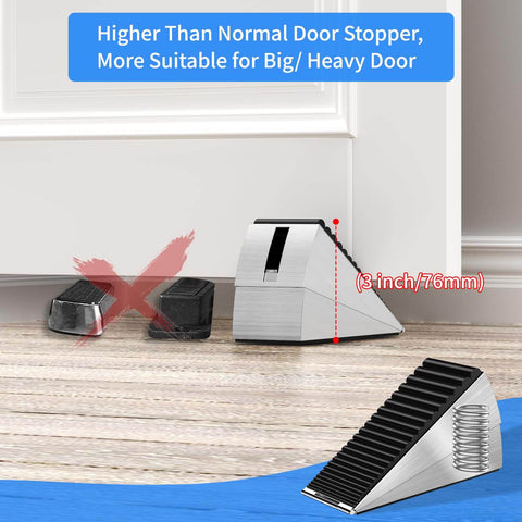 Heavy Duty Door Stopper 3 Inch Tall Adjustable Spring Loaded Door Stop Wedge With Non Slip Rubber Grip Top And Bottom Durable Metal Construction 2 Pack Perfect For Home School Carpet Tile Wood Floors Keeps Doors From Slamming