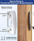 Heavy duty oversized door strike plate with 2mm hardened steel and an enlarged strike hole installed on a wooden door
