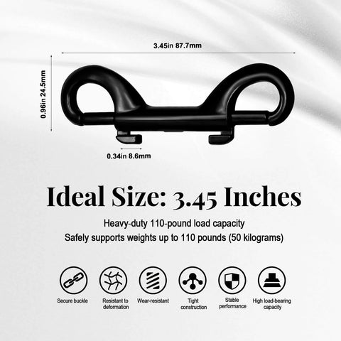 Diagram of Heavy Duty Double Ended Snap Hooks showing dimensions and features like 110 lb load, secure buckle, wear resistance.