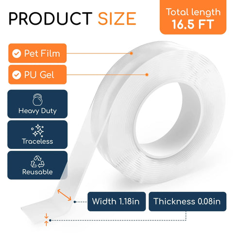 Heavy Duty Double Sided Tape 16.5 Feet Clear Mounting Tape For Walls And Surfaces Crazy Sticky Yet Gentle On Walls Removable Adhesive Washable Reusable Nano Gel Wall Tape For Posters Cars Home Holds Up To 17.5 Lbs, roll view showing dimensions and material details.