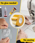 Image showing Double Sided Fabric Tape Heavy Duty For Hemming And Bonding 98 Ft Total and a sewing machine, no glue needed.