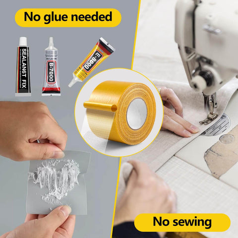 Image showing Double Sided Fabric Tape Heavy Duty For Hemming And Bonding 98 Ft Total and a sewing machine, no glue needed.