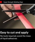 Cutting Heavy-Duty Automotive Molding Tape 7/8 Inch Wide By 15 Feet with scissors, showcasing easy application, 1 Roll.