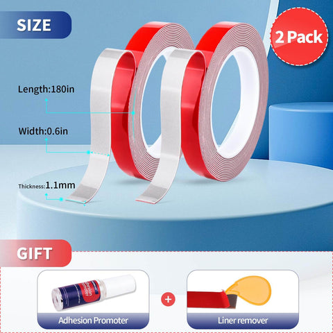 Ultra Strength Heavy Duty Double Sided Tape With Industrial Adhesive Waterproof Foam Mounting Tape For Indoor And Outdoor Use Multipurpose Wall Mount And Automotive Adhesive 0.6 Inch By 30 Feet 2 Rolls, shown with dimensions and gift items.