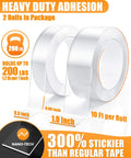 Heavy Duty Double Sided Tape Two Rolls Total Twenty Feet Removable Clear Nano Adhesive For Hanging Posters Rugs Pictures