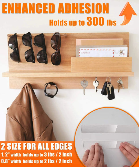 Heavy Duty Double Sided Tape Set 2 Rolls 20 Feet Total Clear Nano Adhesive holding wall-mounted wooden shelf with hooks.