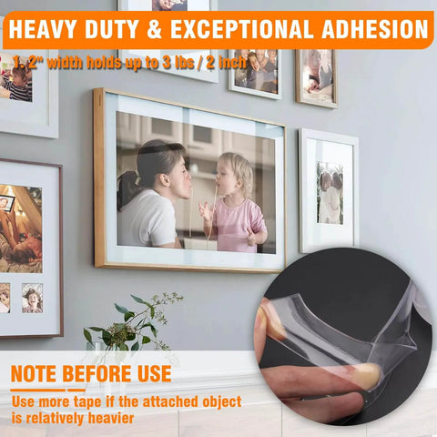Heavy Duty Double Sided Tape Two Pack 1.2 Inch Wide 33.3 Feet Total Length Nano Adhesive for walls with picture frame