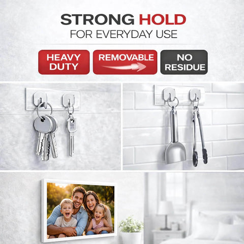 Heavy Duty Double Sided Tape For Indoor And Outdoor Use, Ultra Strong Mounting Tape That Sticks To Smooth Surfaces Without Nails, Washable Nano Tape For Picture Frames, Carpets And Decor, 1.18 Inch By 118 Inch, 9.85 Feet holding keys, utensils, and a picture frame on smooth surfaces