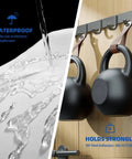 Heavy Duty Double Sided Tape 2 Inch By 16.5 Feet Removable No Residue PE Foam Mounting Tape holding kettlebells and showing waterproof feature.