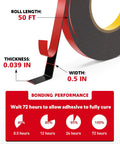 Heavy Duty Double Sided Tape 1/2 Inch By 50 Feet Waterproof Mounting Tape for Walls, Posters, and Automotive Use, side view.