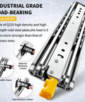 Close-up of industrial-grade heavy duty drawer slides with lock, highlighting material thickness and load capacity details.