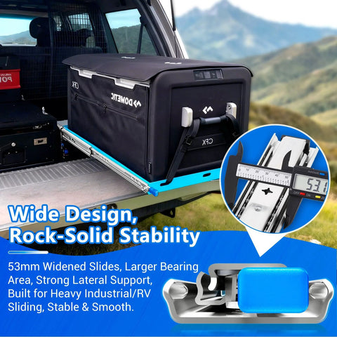 Truck storage with locking heavy duty drawer slides for side mount full extension ball bearing, showing 53mm width measurement.