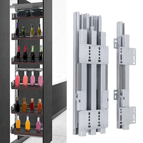 Bottom Mount Heavy Duty Drawer Slide With Pull Out Function for kitchen cabinets and closets, shown with installed wine rack.