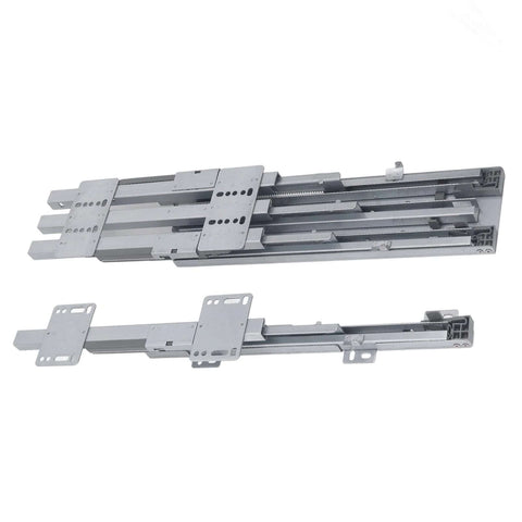 Bottom Mount Heavy Duty Drawer Slide with Pull Out Function for Kitchen Cabinets and Closets, metal rails and screw holes visible