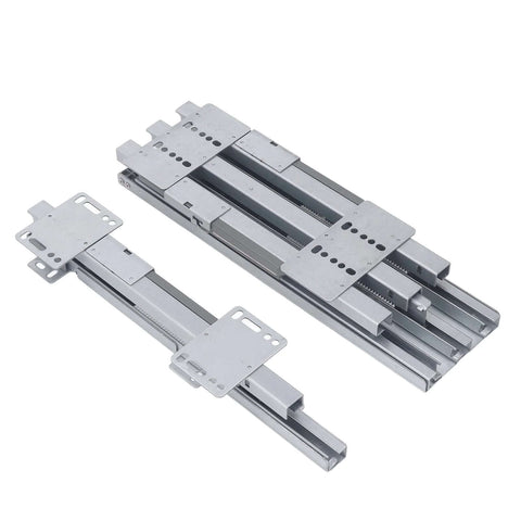 Bottom Mount Heavy Duty Drawer Slide With Pull Out Function for kitchen cabinets and closets, metal slides on white background
