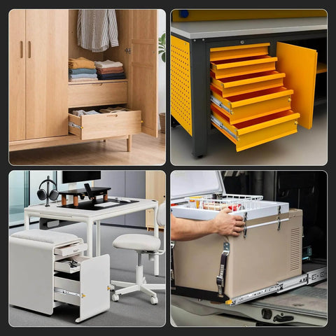 1 Pair Heavy Duty Drawer Slides [165 LB Capacity] with Lock Side Mount 16 Inch, installed in various home and office drawers