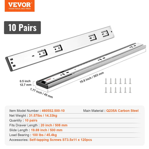 Image of Soft Close Drawer Slides Set With Heavy Duty Ball Bearing Full Extension Side Mount Rails For Dresser Drawers In 20 Inch Lengths.
