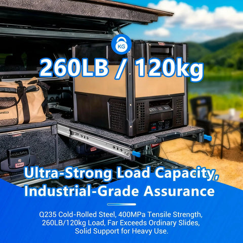 Locking Heavy Duty Drawer Slides for side mount shown mounted in an RV, highlighting 260 lb load capacity in outdoor setting.