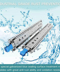 1 Pair Heavy Duty Drawer Slides with Lock, rust-proof design with blue zinc finish, water backdrop, ball bearing system visible
