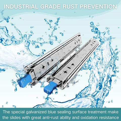 1 Pair Heavy Duty Drawer Slides with Lock, rust-proof design with blue zinc finish, water backdrop, ball bearing system visible