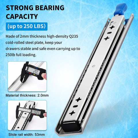 Heavy Duty Locking Drawer Slides Full Extension Runners With Lock Side Mount Ball Bearing Rails 230 Lbs Capacity For 24 Inch Drawers shown with measurements