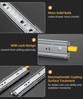 Illustration of 1 Pair Heavy Duty Drawer Slides [165 LB Capacity] with Lock Side Mount 16 Inch, showing solid balls, lock design, coating.