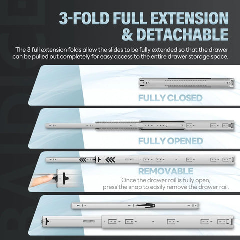 Heavy Duty Drawer Slides 12 To 40 Inch Full Extension Ball Bearing Rails Side Mount 150 Lb Load Capacity, closed, open, detachable view