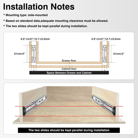 Installation diagram for Heavy Duty Drawer Slides 12 To 40 Inch Full Extension Ball Bearing Rails Side Mount 150 Lb Load Capacity 1 Pair