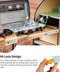 Heavy Duty Drawer Slides with Lock 12 14 16 18 20 22 24 26 28 30 32 34 36 38 40 44 48 52 56 60 Inch Full Extension Side Mount Ball Bearing Locking Rails Track Glides Runners Load 300 Lbs 1 Pair shown with locking mechanism in use, holding a kitchen drawer securely in place.