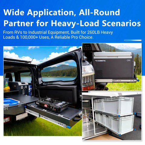 Locking Heavy Duty Drawer Slides For Side Mount Full Extension Ball Bearing in vehicle and cabinet applications