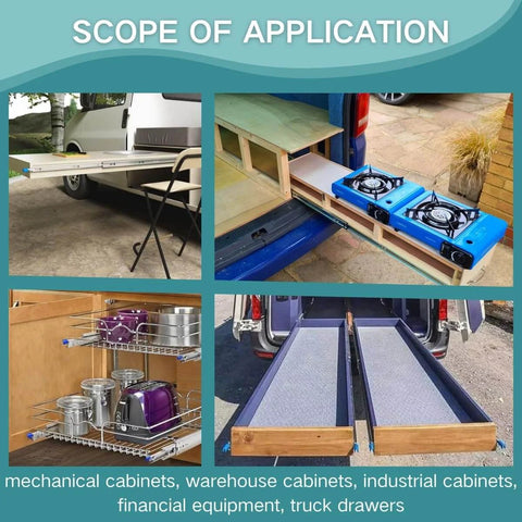 Scope of application for 1 Pair Heavy Duty Drawer Slides with Lock 12in 16in 20in 24in 28in 32in 36in 40in 44in 48in 250lb Load Capacity Full Extension Side Mount Ball Bearing Drawer Rails in various cabinets and vehicles.