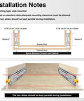 Diagram of installation for Heavy Duty Drawer Slides With Lock Full Extension Ball Bearing Rails 500 Lb Load Capacity, side-mount.