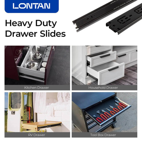 Full Extension Ball Bearing Drawer Slides 8 10 12 14 16 18 20 22 24 Inch Heavy Duty Side Mount File Cabinet Rails Dresser Runner Kitchen Cabinet Drawer Glides,12 Inch,1 Pair,Black shown in various drawer applications.