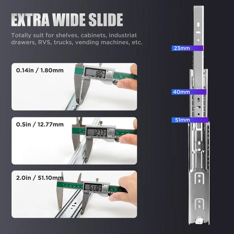 Heavy Duty Drawer Slides 180 Lb Capacity Full Extension Ball Bearing Rails measurements showing thickness and width with calipers.