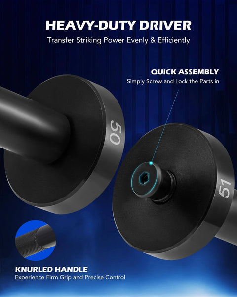 Close-up of the 2 in 1 Blind Hole Bearing Puller & Bushing Press Kit, showing heavy-duty driver with knurled handle for grip and control.