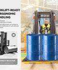 Heavy Duty Modular 2 Drum Spill Pallet Workhorse For Forklift Access With 2000 Pound Capacity holding two blue drums on forklift