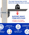 Illustration of Heavy Duty Drywall Anchors Kit With Included 1/4-20 Bolts Holds Up To 270 Pounds Per Anchor For 1/2 Inch Drywall Great For TV Mounts 22 Pack Hollow Wall Anchors Screws Built To Last showing installation process and strength details.