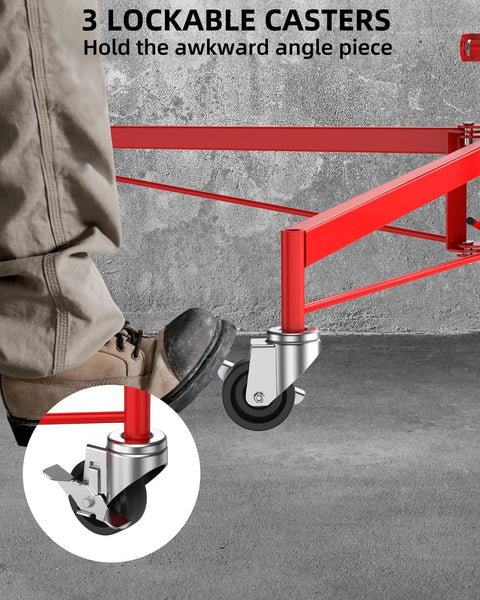 Close-up of 16 FT Heavy Duty Drywall Lift Hoist caster wheel, demonstrating locking mechanism and motion stability.