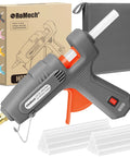 Heavy Duty Dual Power Hot Glue Gun With 60W And 100W Settings, shown with 21 glue sticks and storage case, ergonomic design.