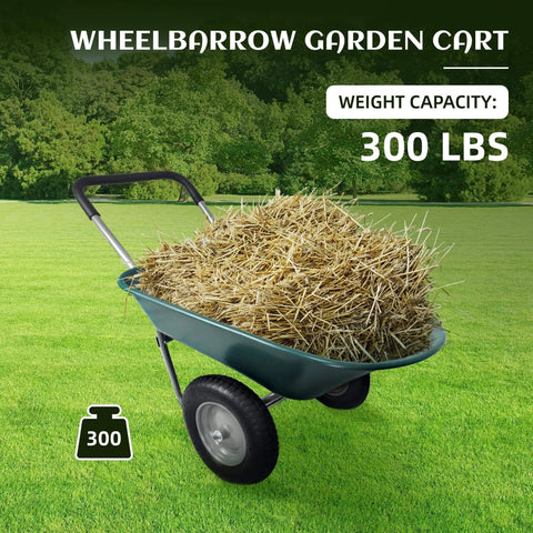 Heavy Duty Dual Wheel Garden Wheelbarrow Cart with Built In Stand holding straw, 300 lbs capacity, on grass