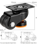 Side view of 93x63mm dual-wheel leveling casters, part of the Leveling Casters Set Of 4 Heavy Duty Retractable Wheels Low Profile 80F Swivel Workbench Castors 4200 Lbs Industrial Leveling Machine Dual Wheel For Equipment Workbench And Furniture.