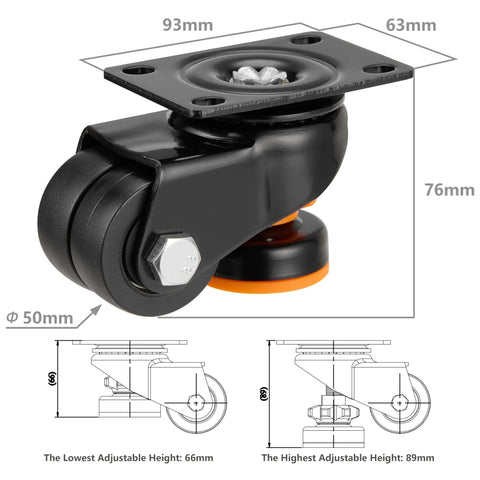 Side view of 93x63mm dual-wheel leveling casters, part of the Leveling Casters Set Of 4 Heavy Duty Retractable Wheels Low Profile 80F Swivel Workbench Castors 4200 Lbs Industrial Leveling Machine Dual Wheel For Equipment Workbench And Furniture.