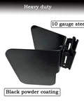 Close-up of 2 Pack E Track Wheel Chocks for Motorcycles and Dirt Bikes, 10 gauge steel, black powder coating for stable storage.