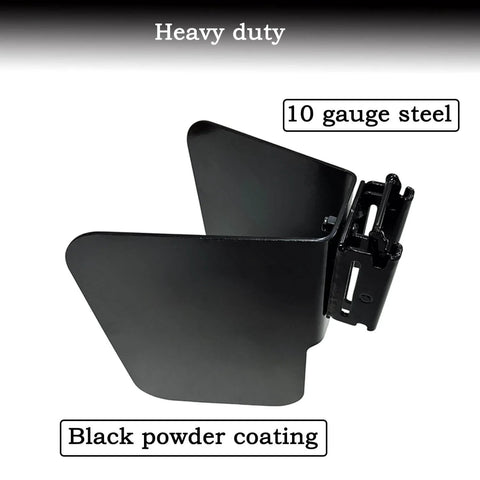 Close-up of 2 Pack E Track Wheel Chocks for Motorcycles and Dirt Bikes, 10 gauge steel, black powder coating for stable storage.