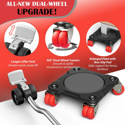 Heavy Duty Furniture Movers with Eight-Wheel Design and Lifter, Square Dollies with 360 Degree Swivel Dual-Wheel Casters and Non-Slip Pads