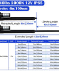 Specifications chart of Heavy Duty 12V Electric Linear Actuator with 4 inch stroke and 440lbs capacity, IP65 waterproof, KM LINEARTECH.
