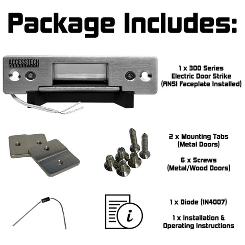 Package contents for Heavy Duty Electric Strike Door Lock 2200 Lbs ANSI Standard Model 300 Fail Secure Fail Safe 12VDC