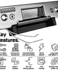 Heavy Duty Electric Strike Door Lock 2200 Lbs ANSI Standard Model 300 Fail Secure Fail Safe 12VDC with key features displayed.