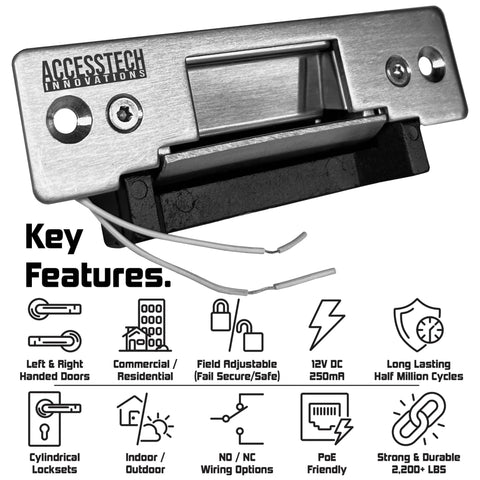Heavy Duty Electric Strike Door Lock 2200 Lbs ANSI Standard Model 300 Fail Secure Fail Safe 12VDC with key features displayed.