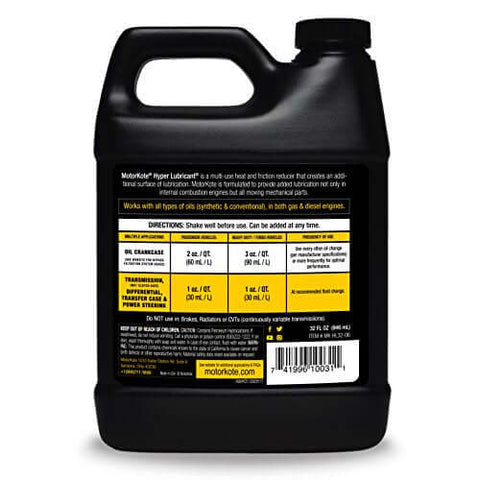 Back view of Heavy Duty Hyper Lubricant Engine Treatment For All Oils And Engines 32 Ounce Bottle Single Black with label instructions
